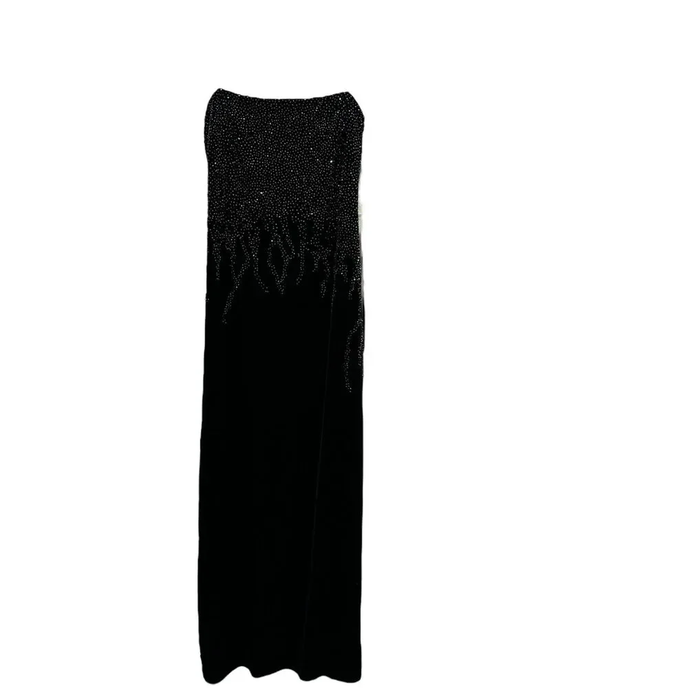 JS Boutique Black Velvet Maxi Dress Spaghetti Straps Beadwork Elegant Detail - Picture 4 of 7